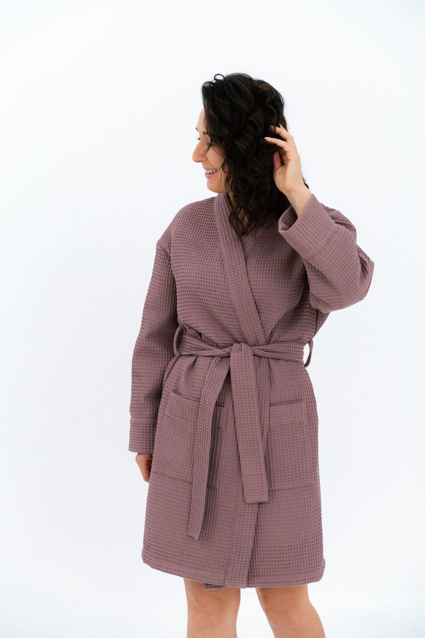 Short Waffle Fabric Robe for Women