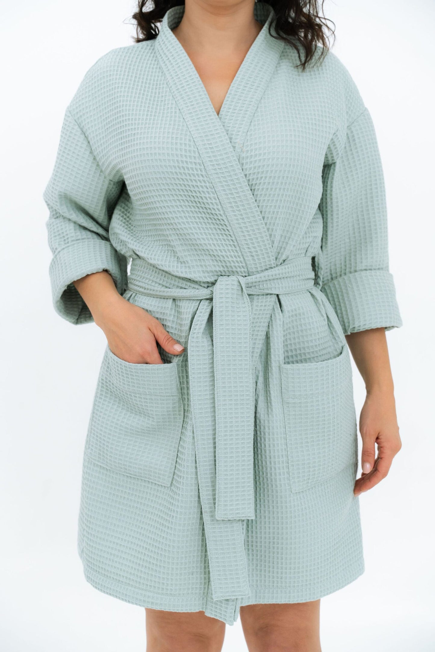 Short Waffle Fabric Robe for Women